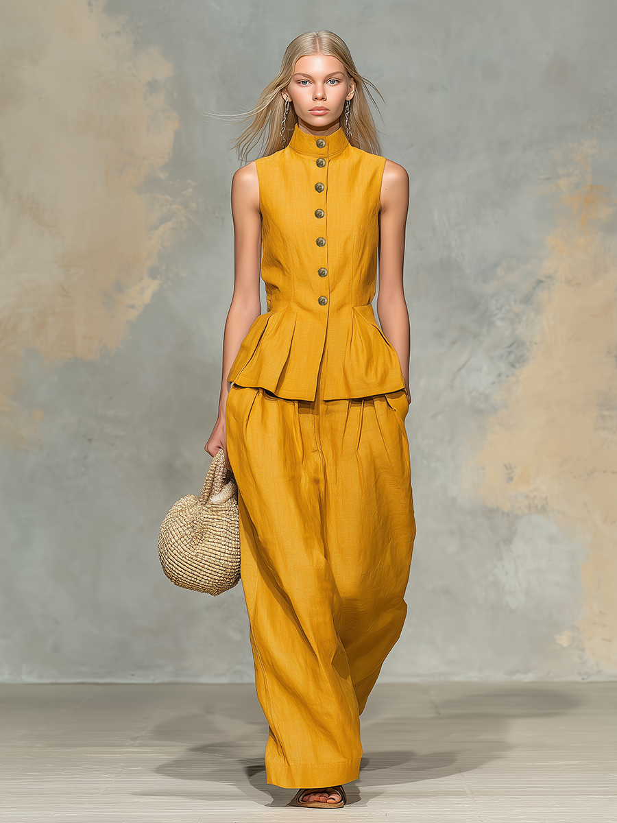 Retro Casual Stand-collar Sleeveless Button-up Top And Trousers Set.