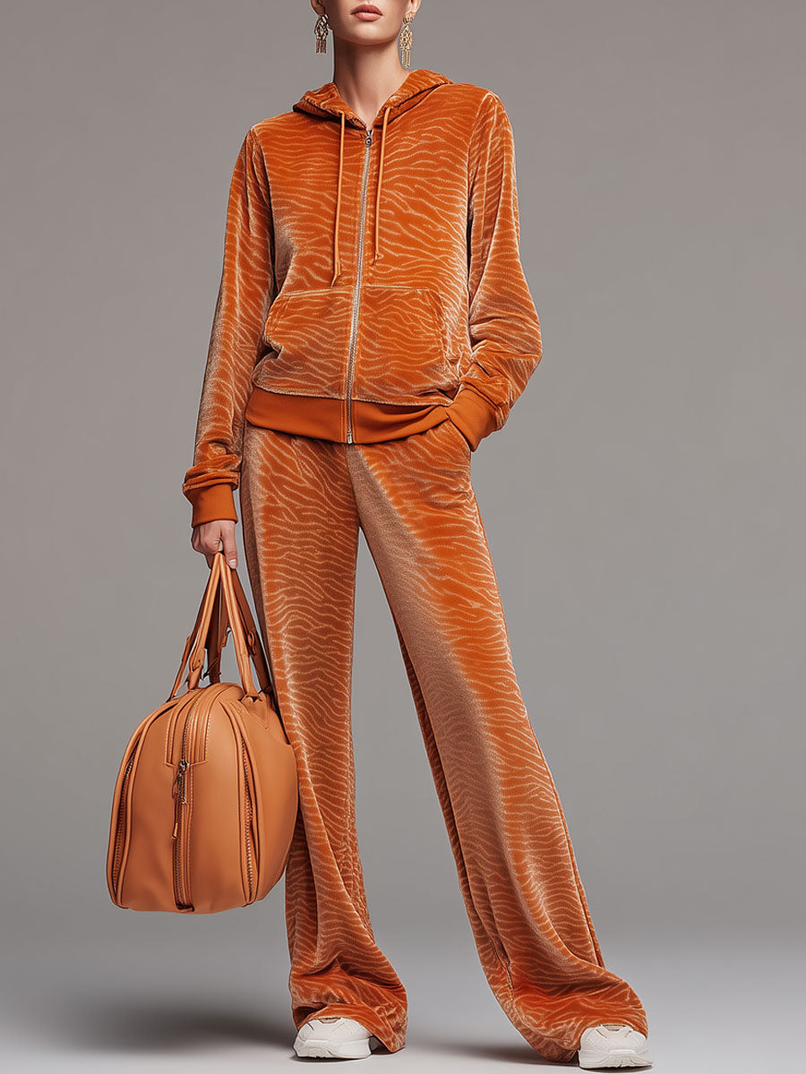 Sporty Retro Orange Zebra Print Velvet Hooded Sweatshirt And Wide-Leg Pants Set