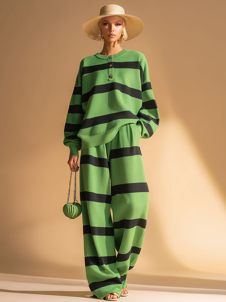 Casual Sports Green And Black Striped Sweatshirt And Pants Set