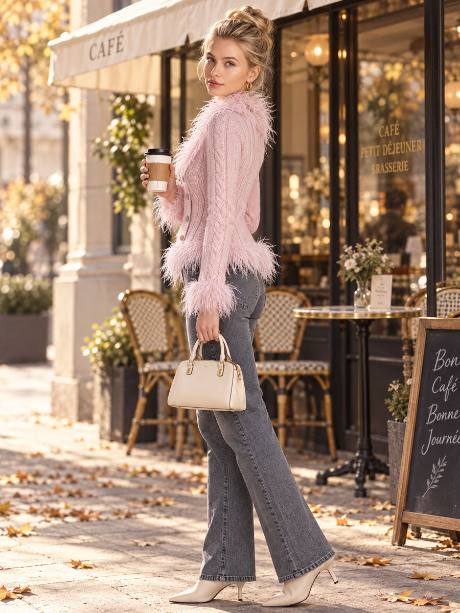Retro Elegant Pink Feather-Trim V-Neck Cable Knit Button-Front Cardigan