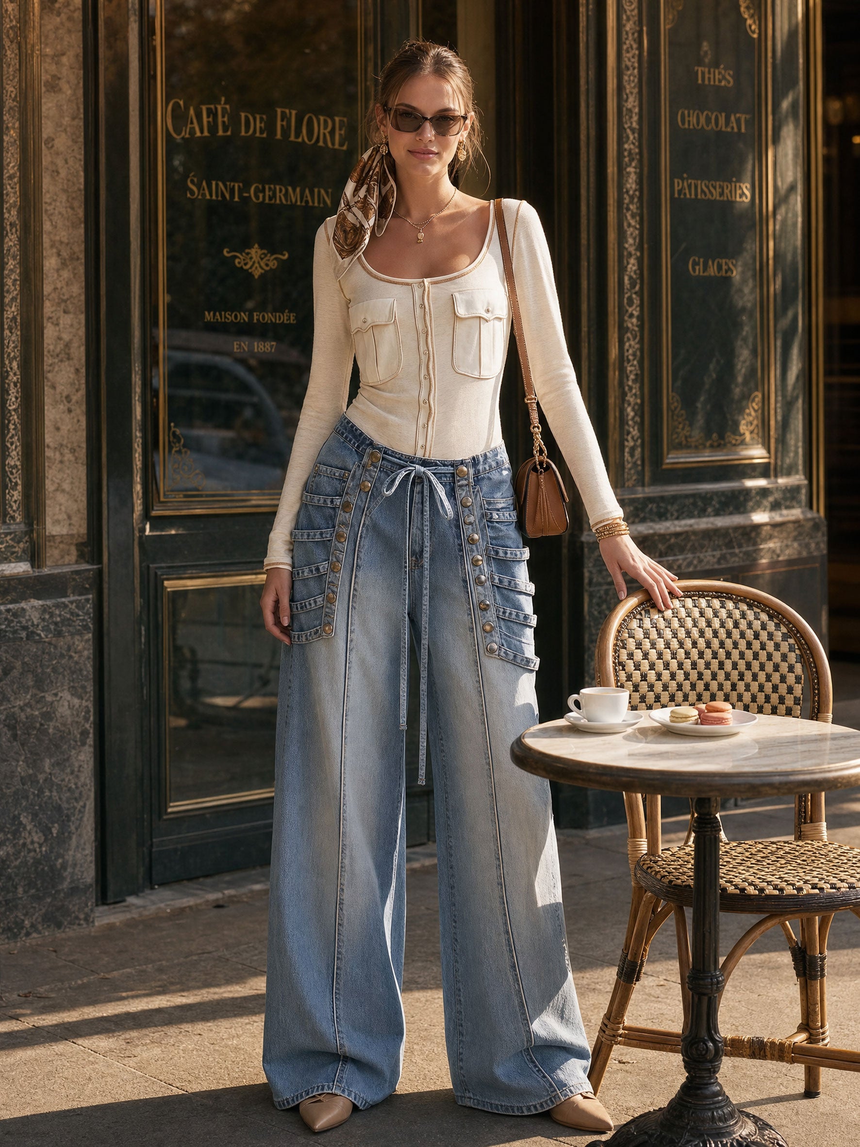 Military-style Retro Studded Lace-up Washed Blue Jeans