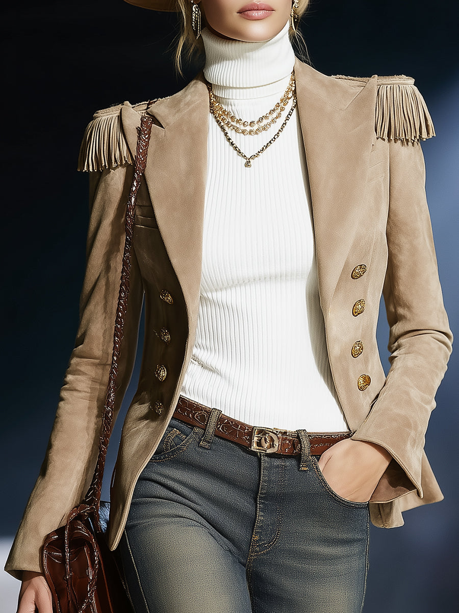 Fashionable Western Beige Suede Double-Breasted Set