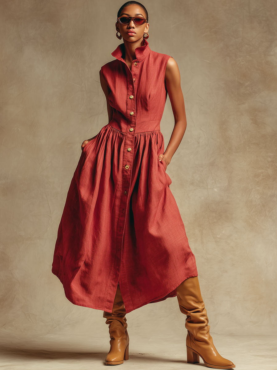Fashionable Retro Red Cotton And Linen Pleated Cardigan Sleeveless Midi Dress