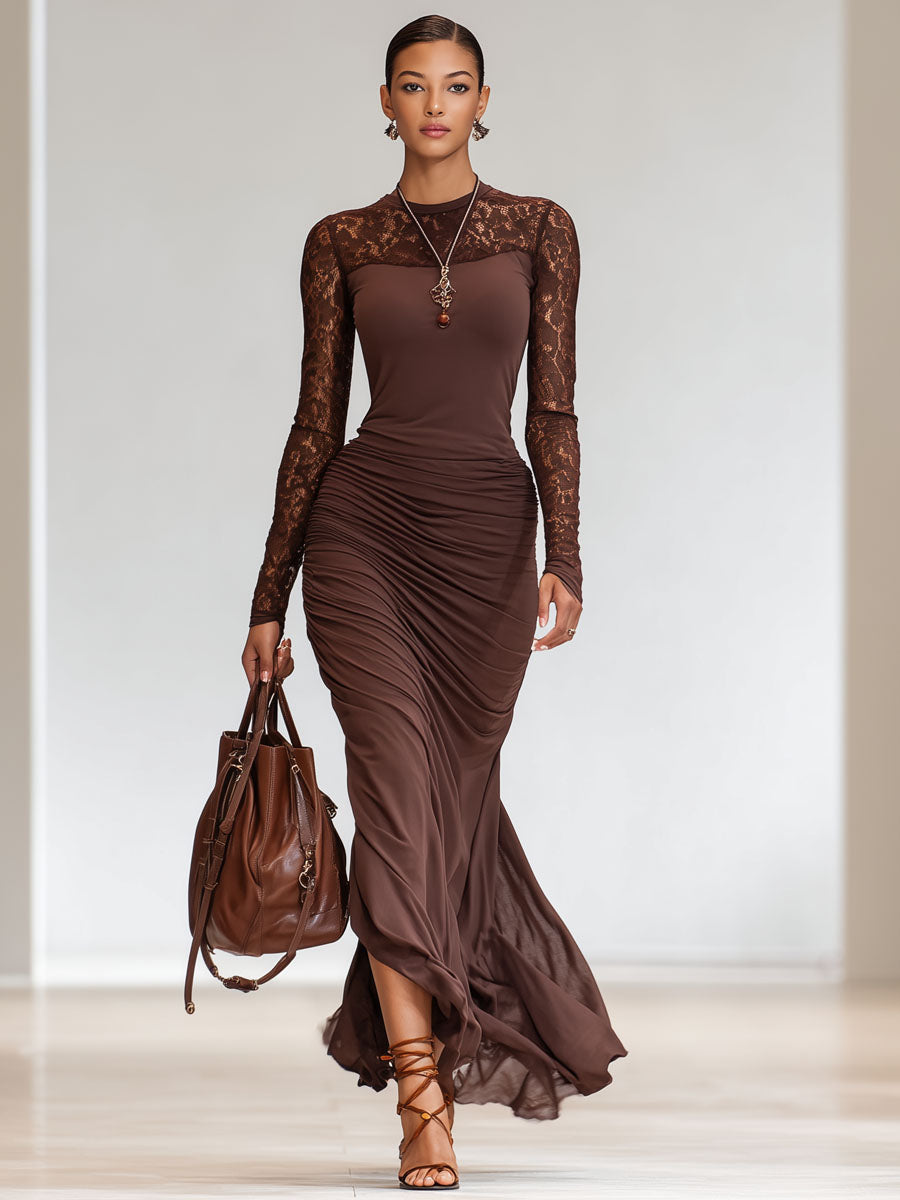 Round Neck Lace Patchwork Long Sleeve Maxi Dress