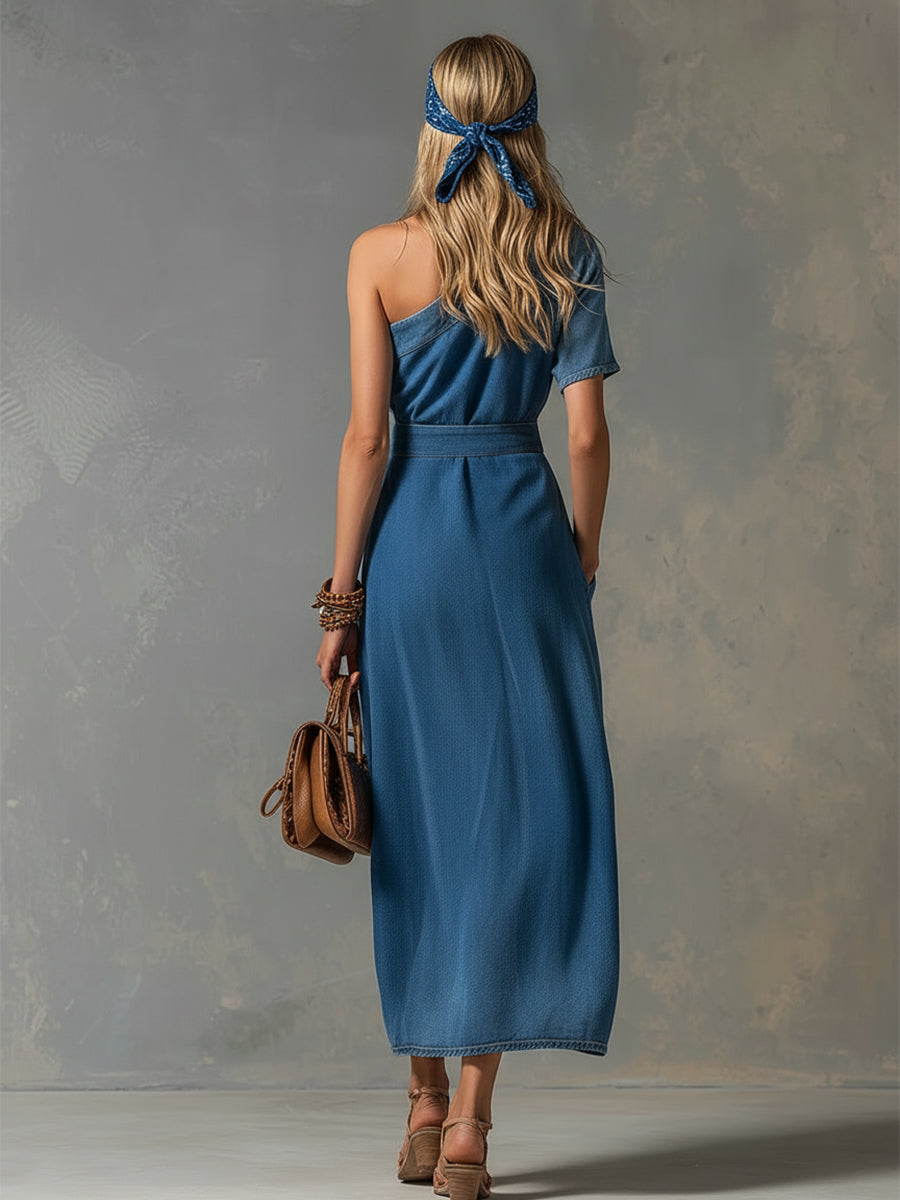 Stylish Urban Blue Denim One-shoulder Short-sleeved Maxi Dress