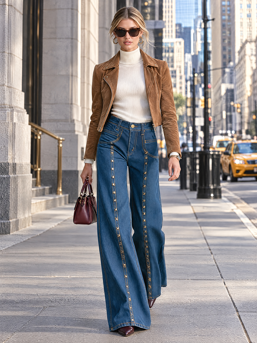 Vintage Gold Studded Seam Wide Leg Jeans