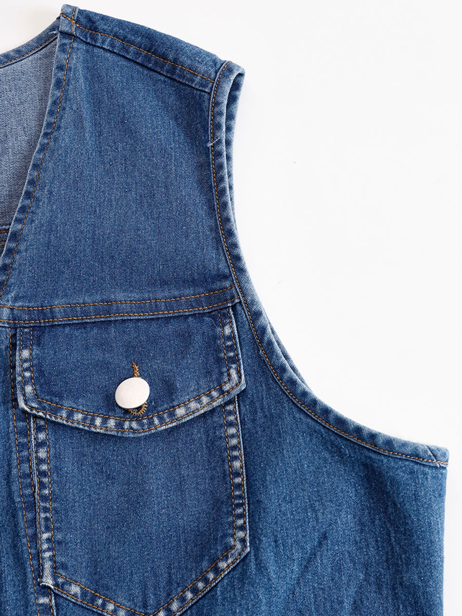 Casual Vintage Blue Denim V-Neck Tie Sleeveless Tassel Mini Dress