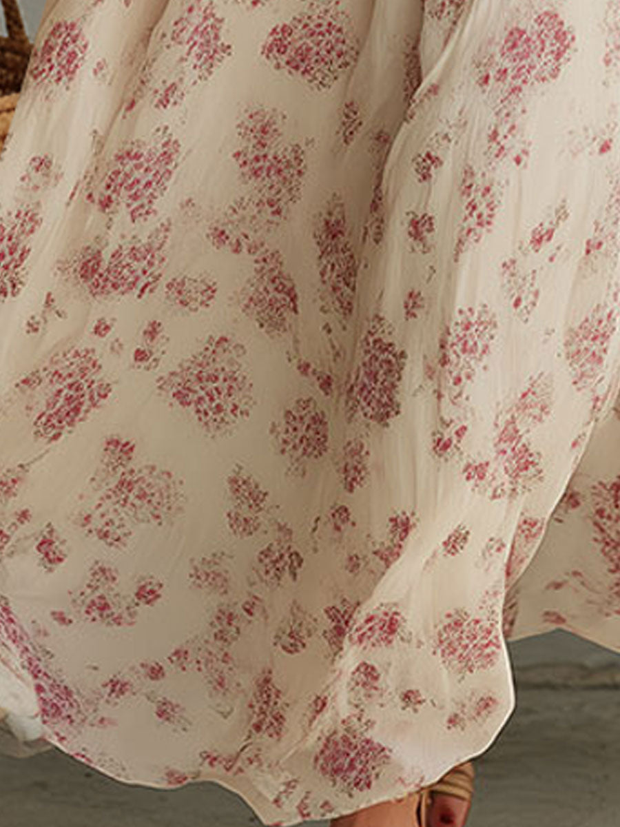 Retro Elegant Pink Floral Off-white Short-sleeved Square Neck Chiffon Maxi Dress