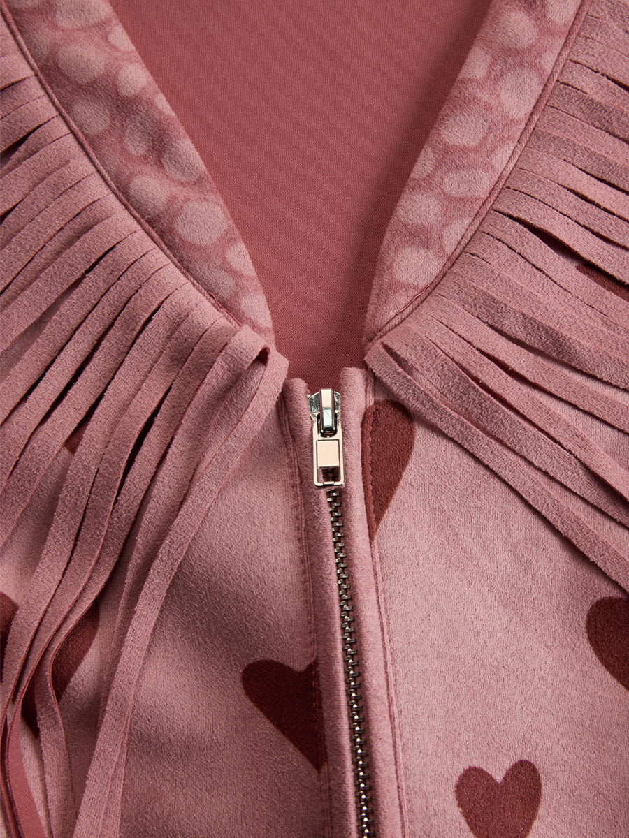 Western Style V-neck Fringed Heart Print Faux Suede Long-sleeved Mini Dress