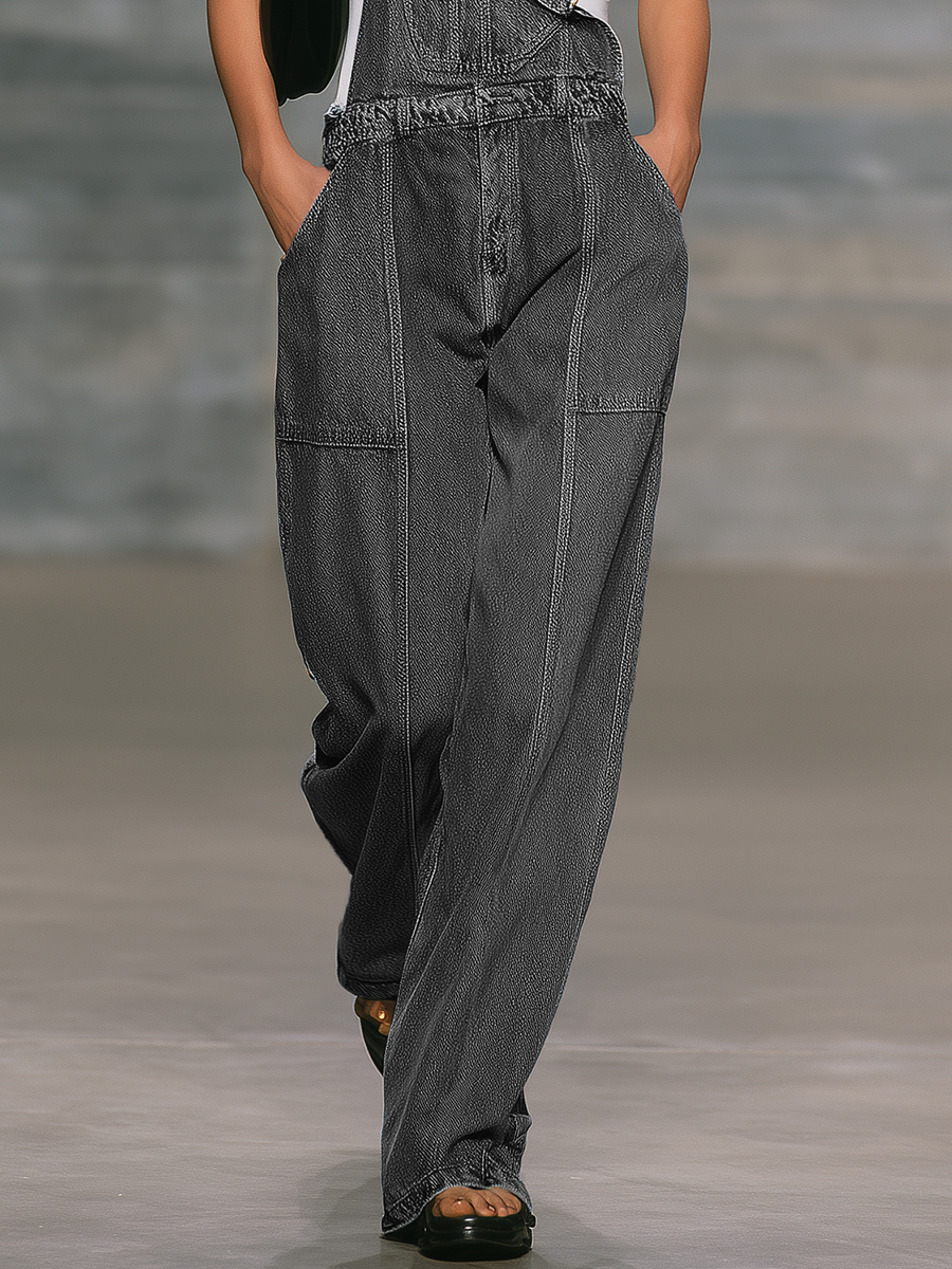 Loose-fitting Casual Wide-leg Gray Denim Overalls