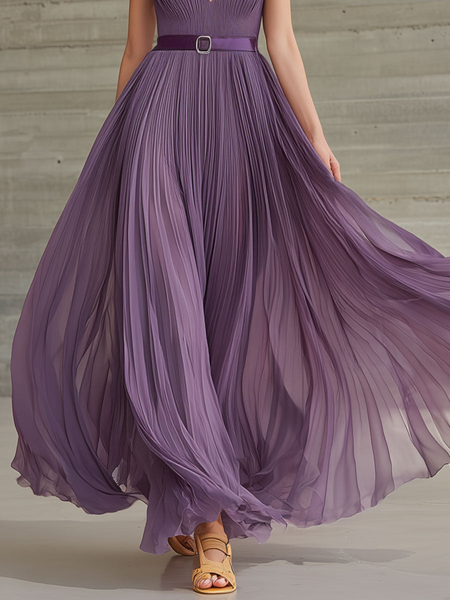 Stylish Vacation Party Retro Purple Chiffon Pleated V-neck Maxi Dress