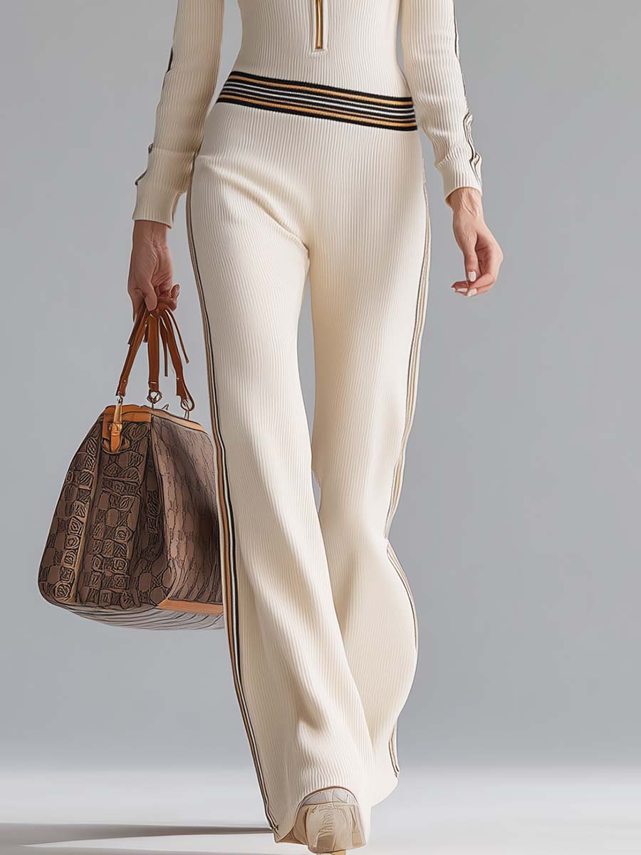 Retro Fashion Sports Hooded V-neck Front Zipper Off-white Knitted Jumpsuit