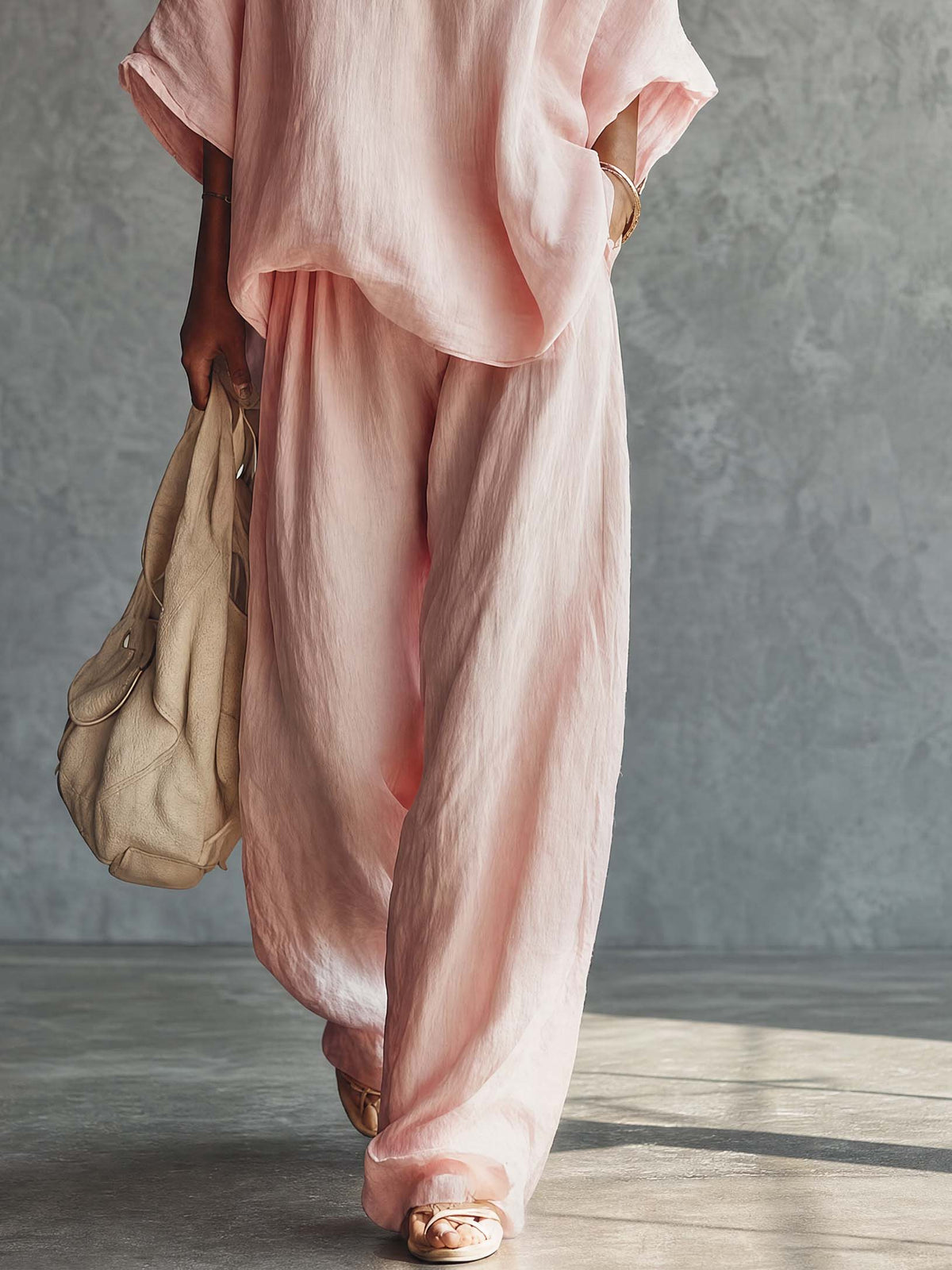 Casual Urban Bohemian Style V-neck Pink Cotton Blouse And Pants Set