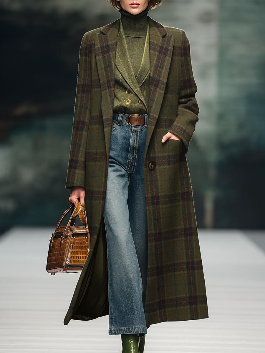 Retro Plaid Long Woolen Coat