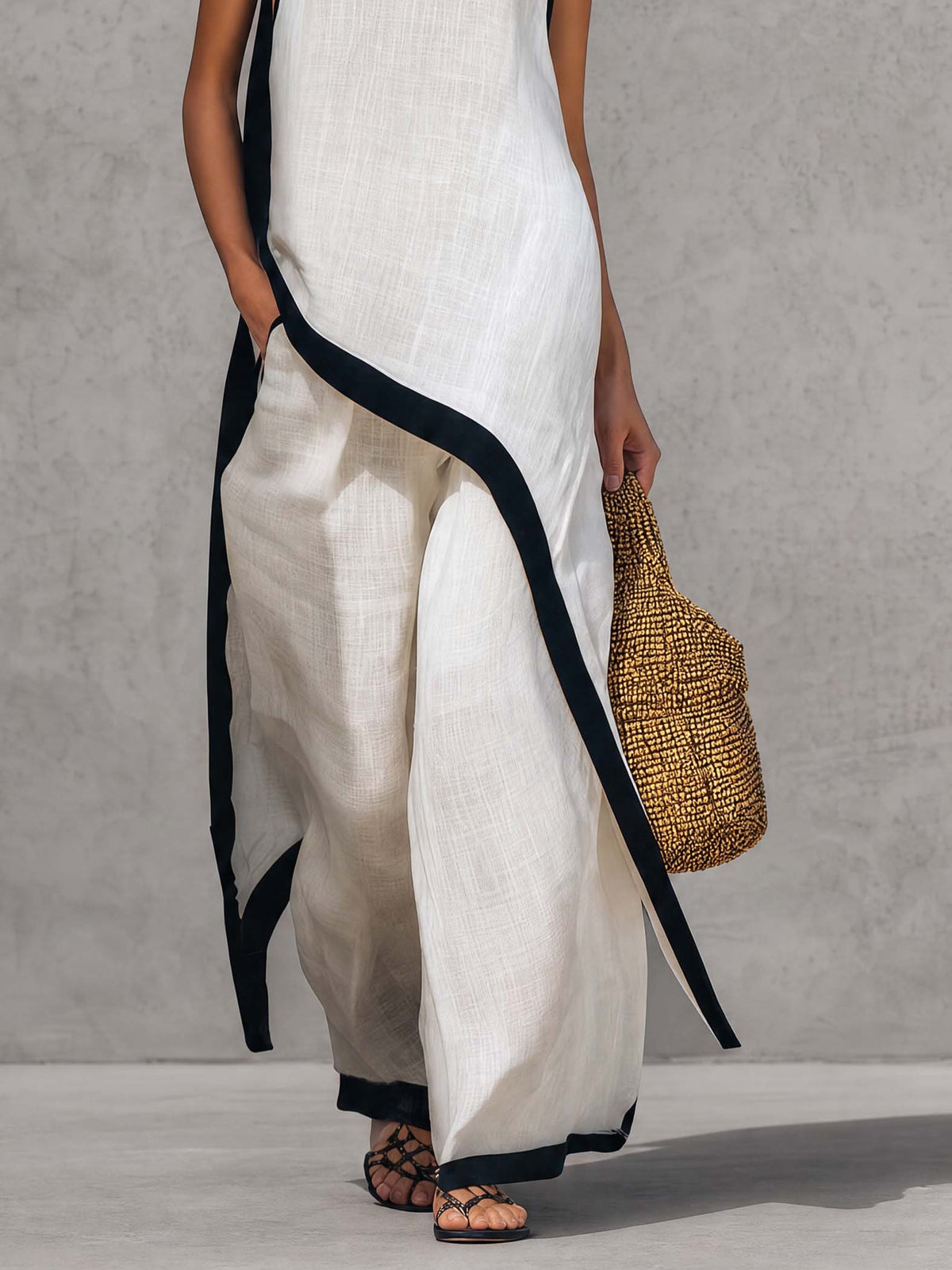 Temperament Casual Hooded White Black Trim White Cotton And Linen Asymmetrical Long Top And Pants Set