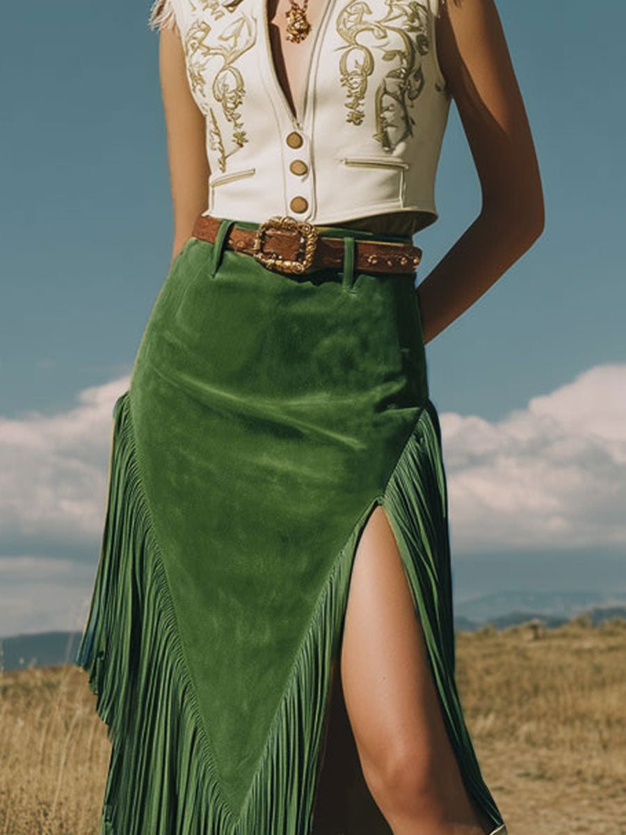 Western Retro Green Fringed Faux Suede Midi Skirt