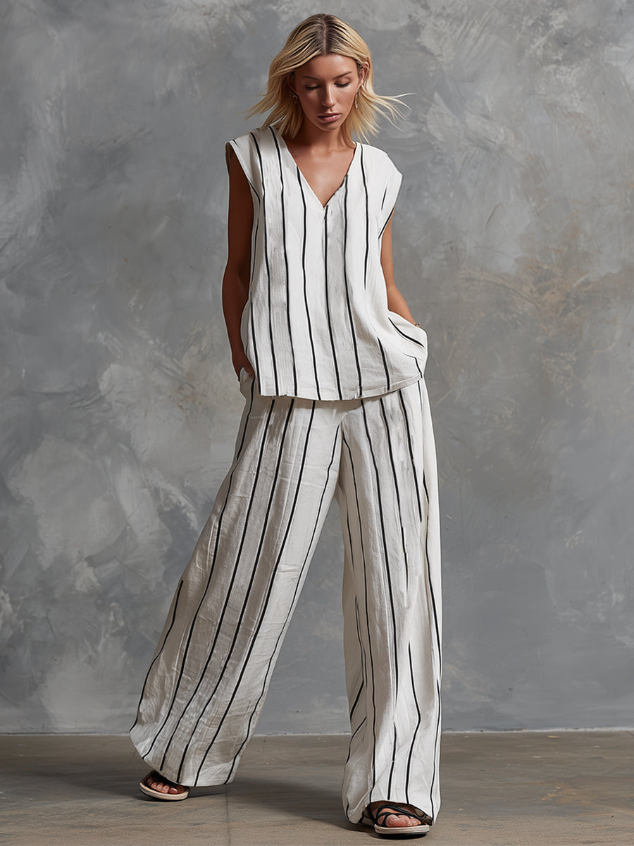 Classic Striped White Cotton Sleeveless Top And Wide-leg Pants Set