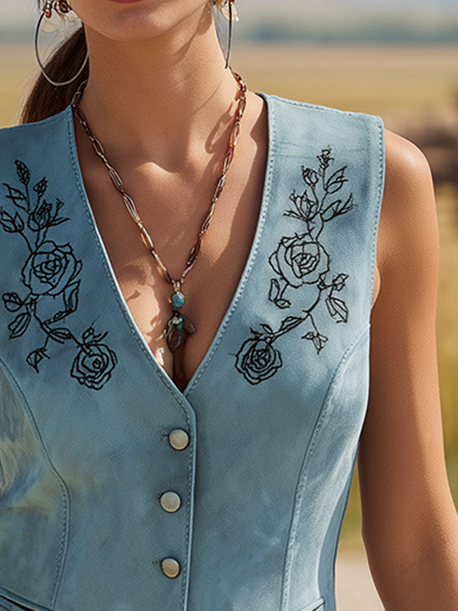 Western-style Retro Fringed Embroidered Lake Blue Sleeveless Faux Suede Shirt