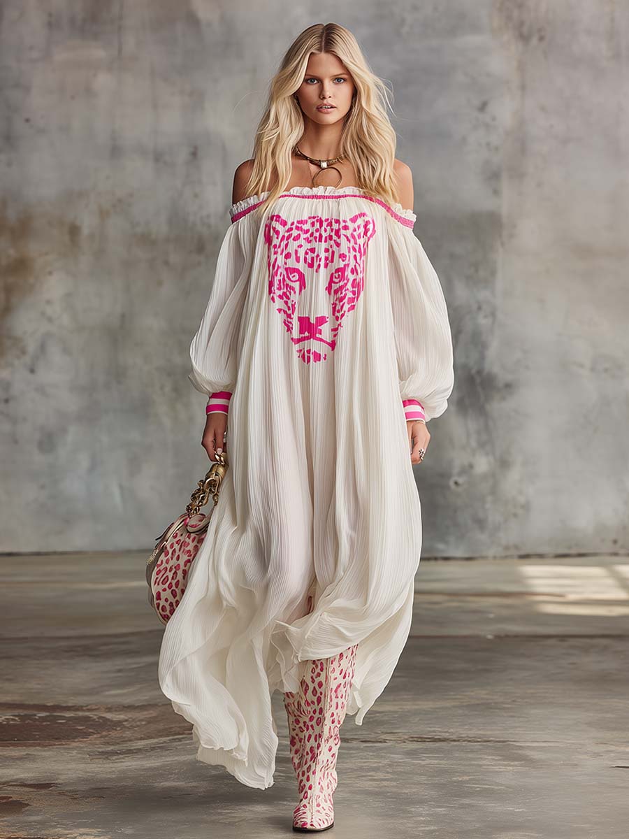 Elegant Flowing, Ultra-loose Off-shoulder Pink Leopard Print Off-white Chiffon Maxi Dress