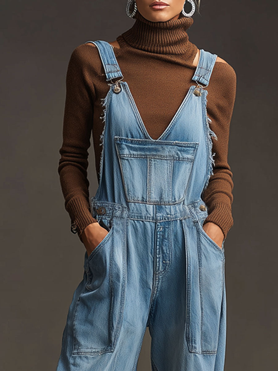 Casual Retro Washed Frayed Light Blue Denim Wide-leg Overalls