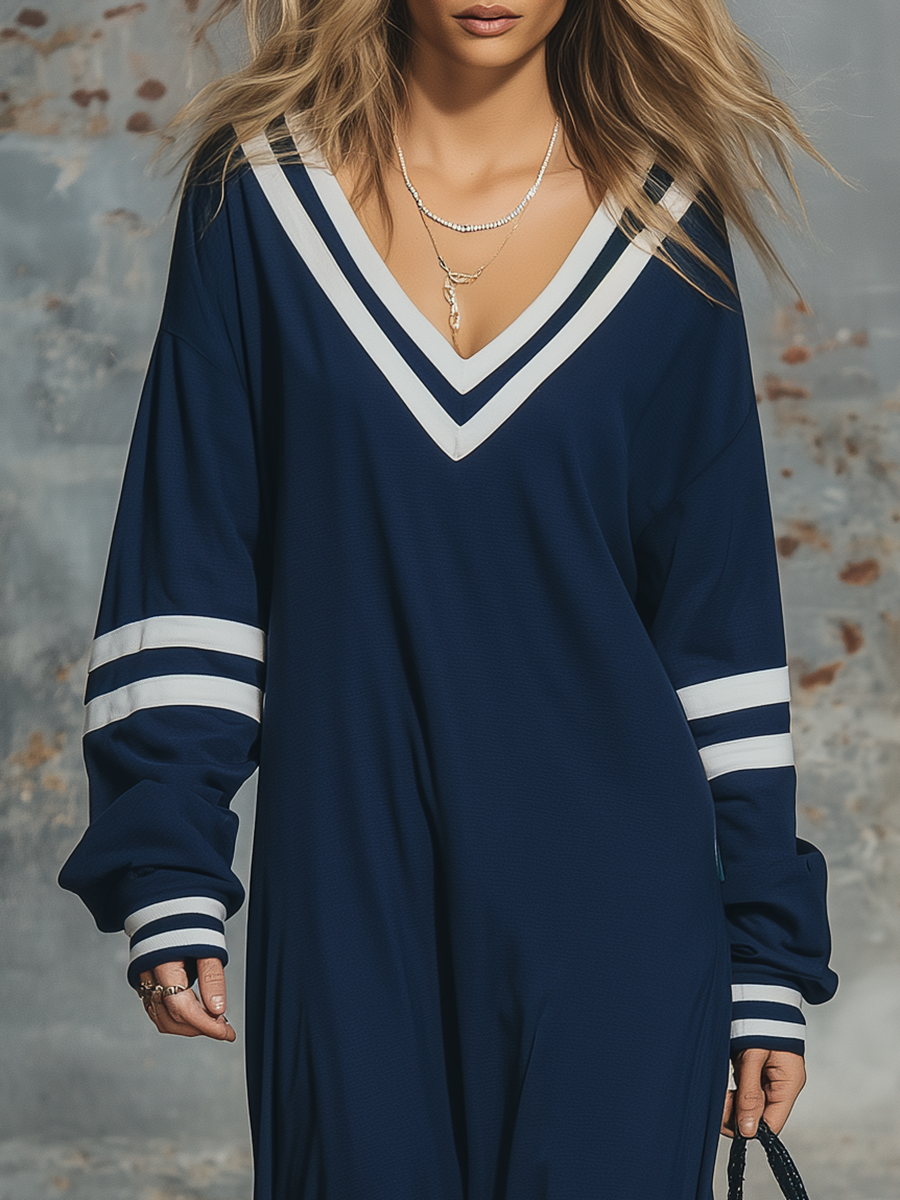 Retro Sporty V-neck Color-blocked Striped Lace-trimmed Maxi Dress