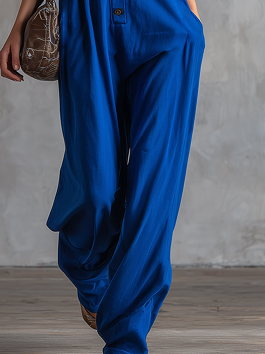 Stylish And Sporty Royal Blue Hooded Wide-shouldered Cotton Sleeveless Jumpsuit