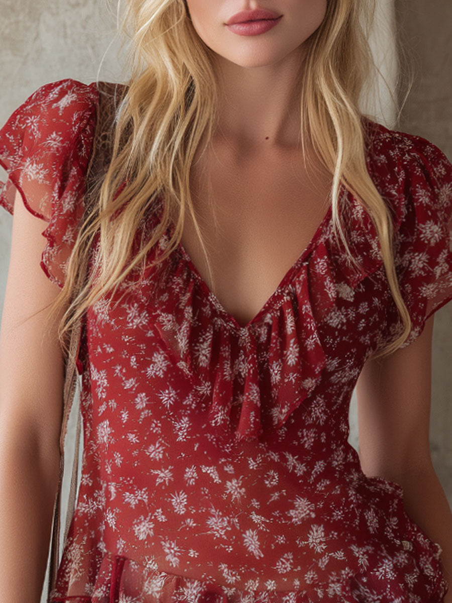 V-neck Ruffled Floral Chiffon Short-sleeved Shirt