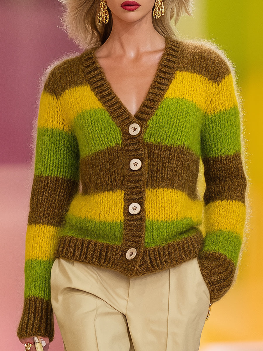 Casual Brown And Yellow-green Striped Knit Cardigan