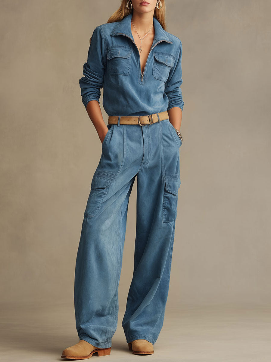 Western Retro Blue Faux Suede Half-Zip Top And Wide-Leg Cargo Pants Set