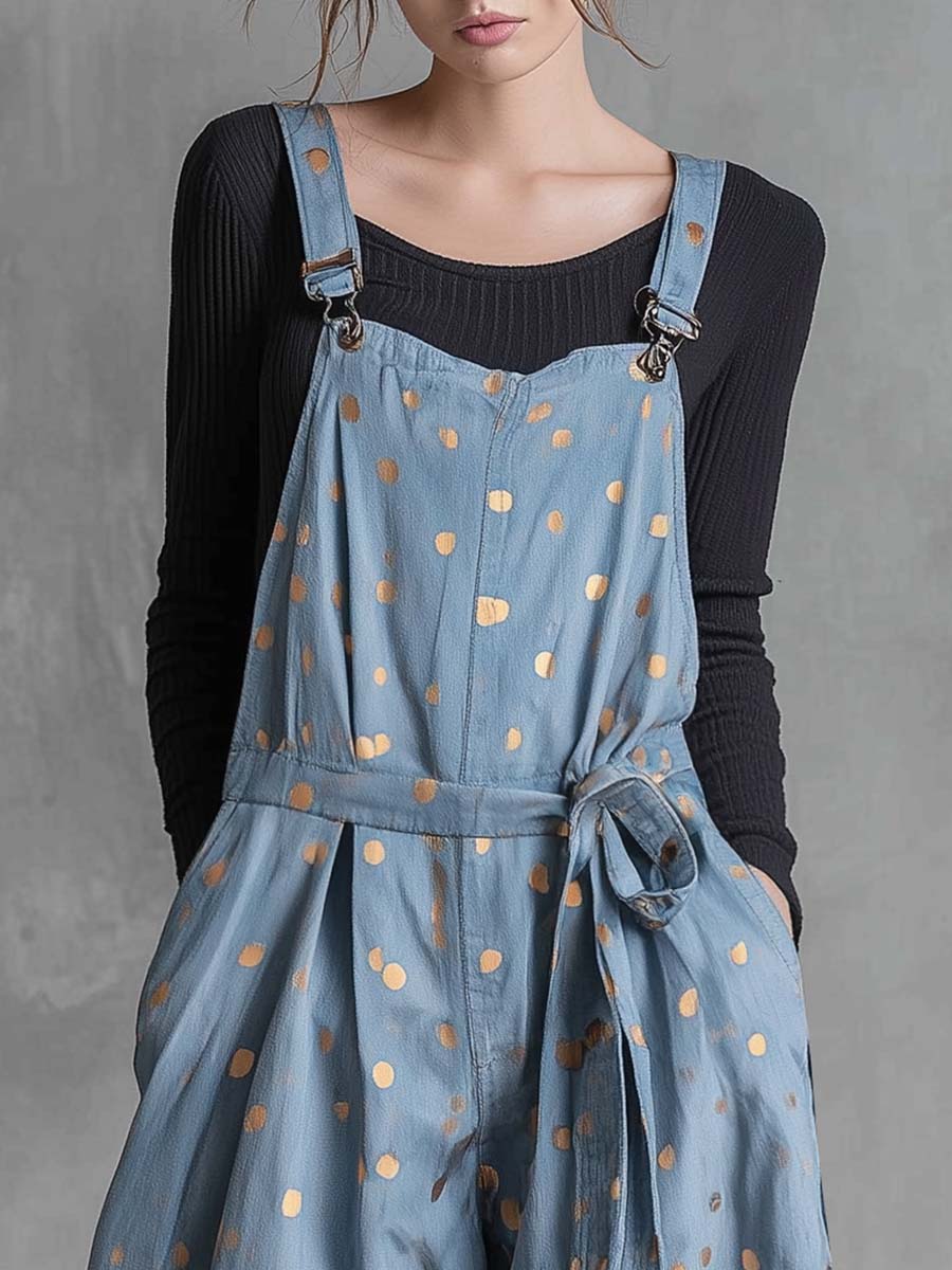 Vintage Fashion Waist Tie Gold Polka Dots Light Blue Denim Jumpsuit Overalls