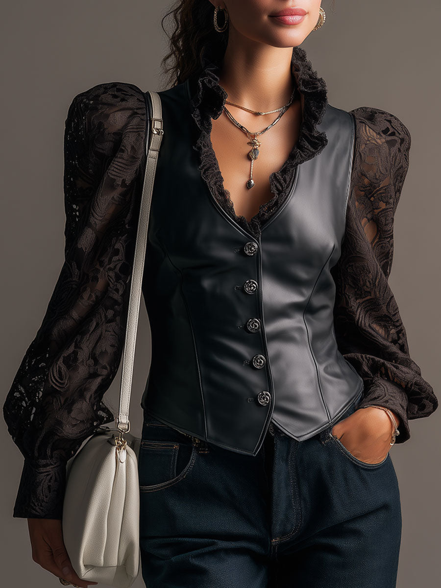 Fashionable Retro Black Lace Long-sleeved PU Vest Shirt