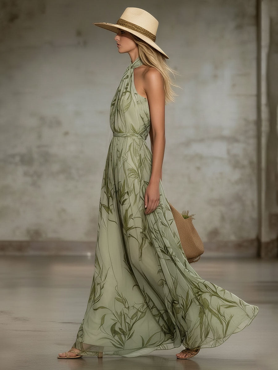 Elegant Leaf Print Halter Neck Chiffon Sleeveless Maxi Dress