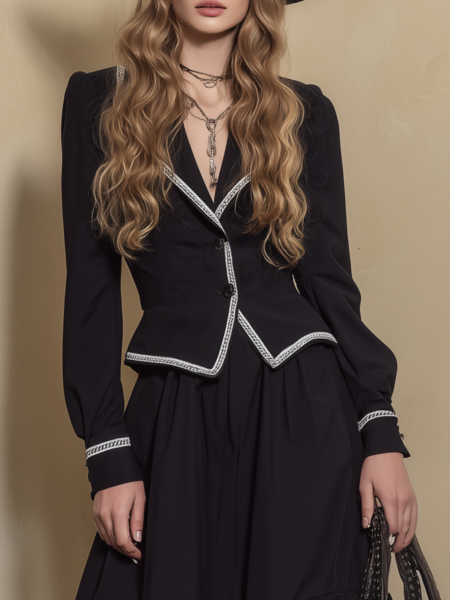 Retro Bohemian White Ribbon Short Jacket And Ruffled Skirt Set