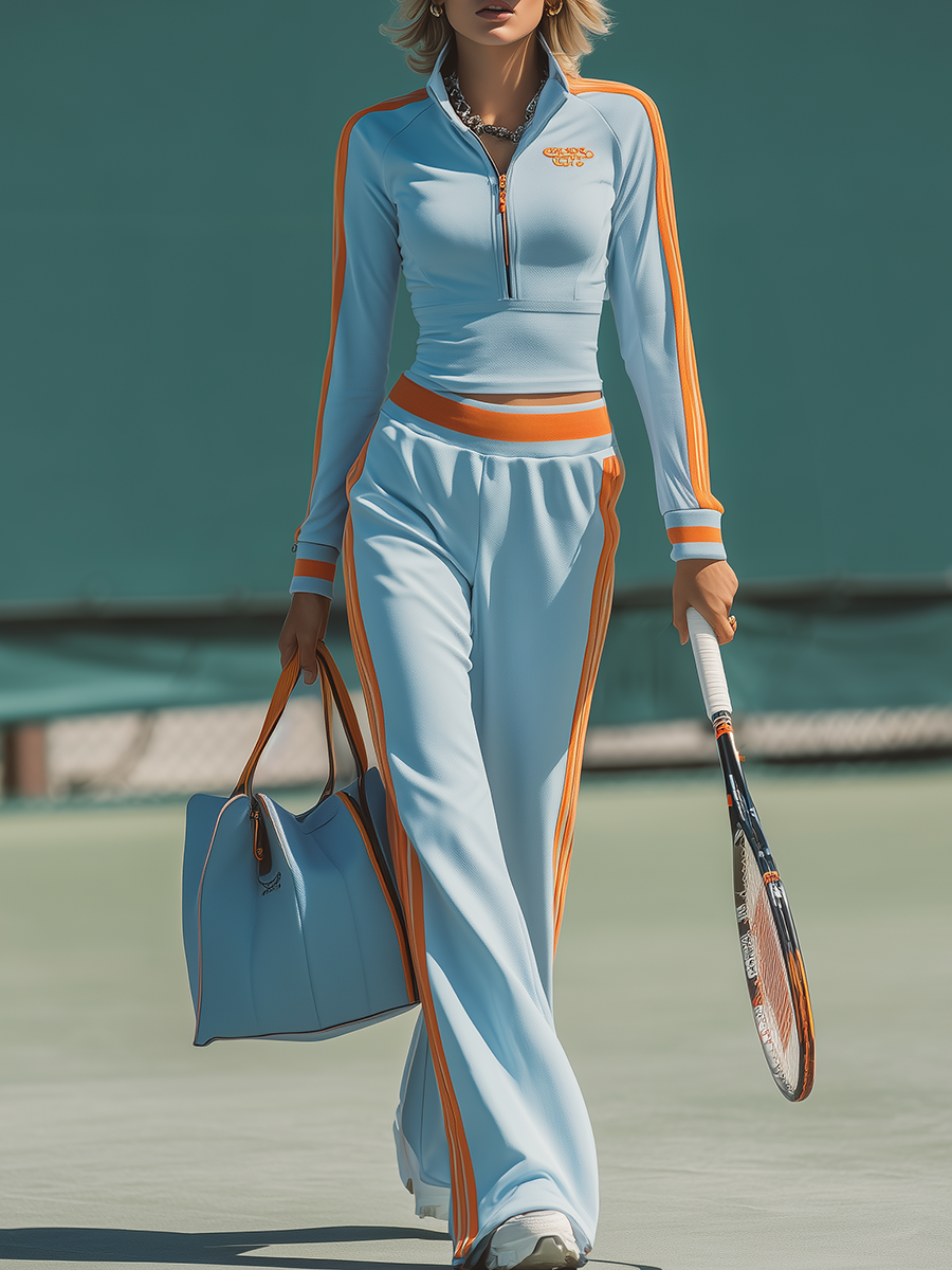 Athletic And Casual Color-blocked Stand-collar Top And Flared Pants Set