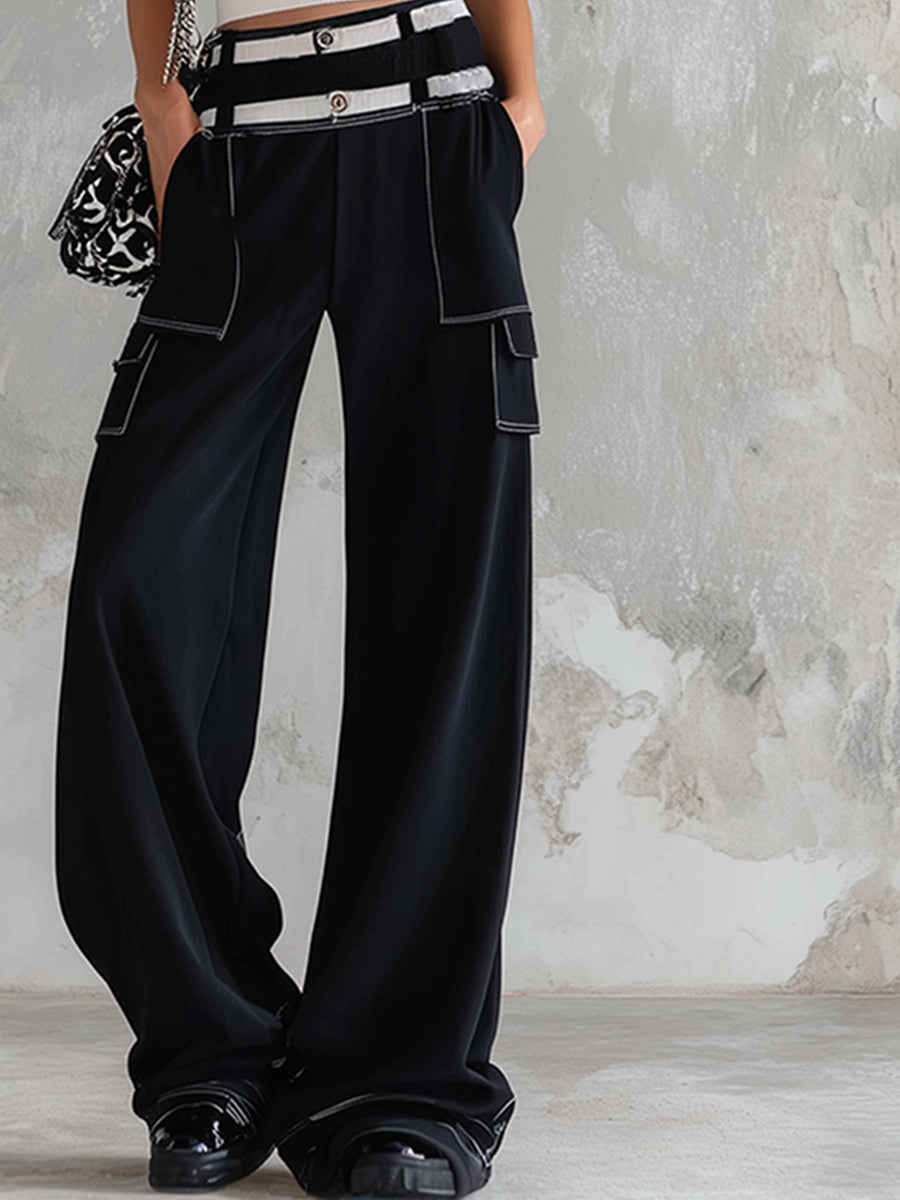 Stylish Sporty Black Striped Knit Vest Cotton Wide-Leg Pants Set