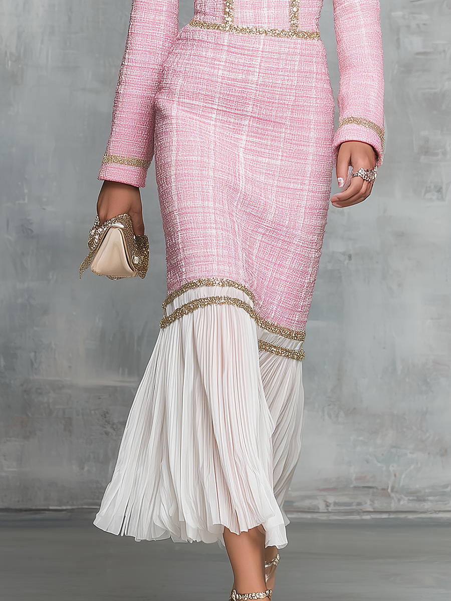 Elegant Round Neck Gold Trim Tweed Midi Dress