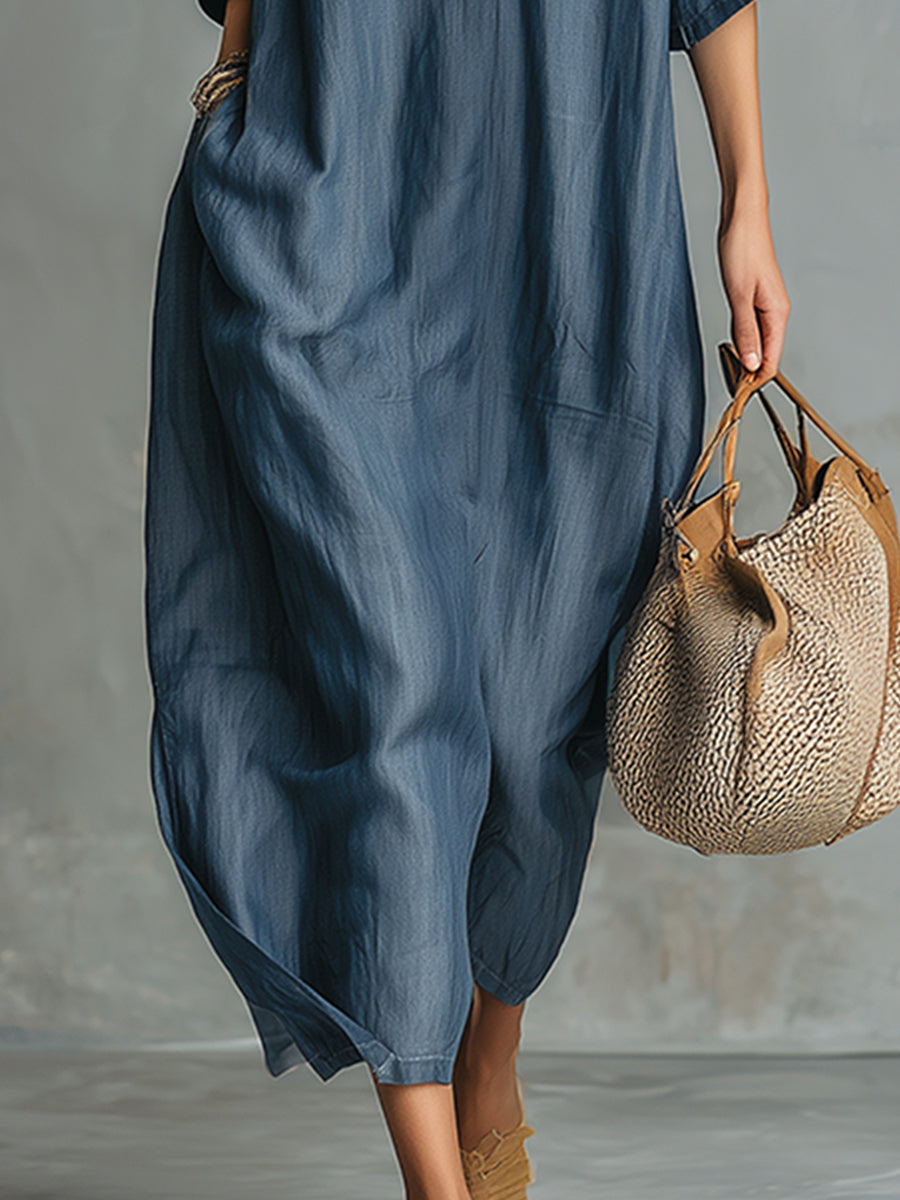 Retro Blue Tencel Denim Short-sleeved Maxi Dress