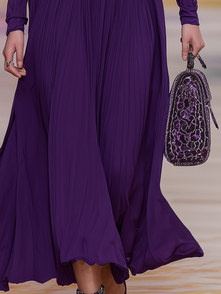 Elegant Purple Chiffon Dress With Rhinestone Button Neckline Maxi Dress