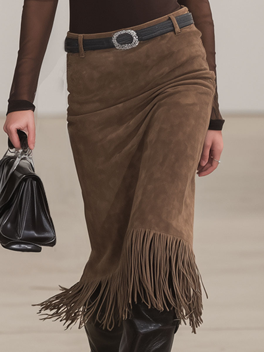 High-neck Embroidered Long-sleeved T-shirt And Faux Suede Tassel Skirt Set