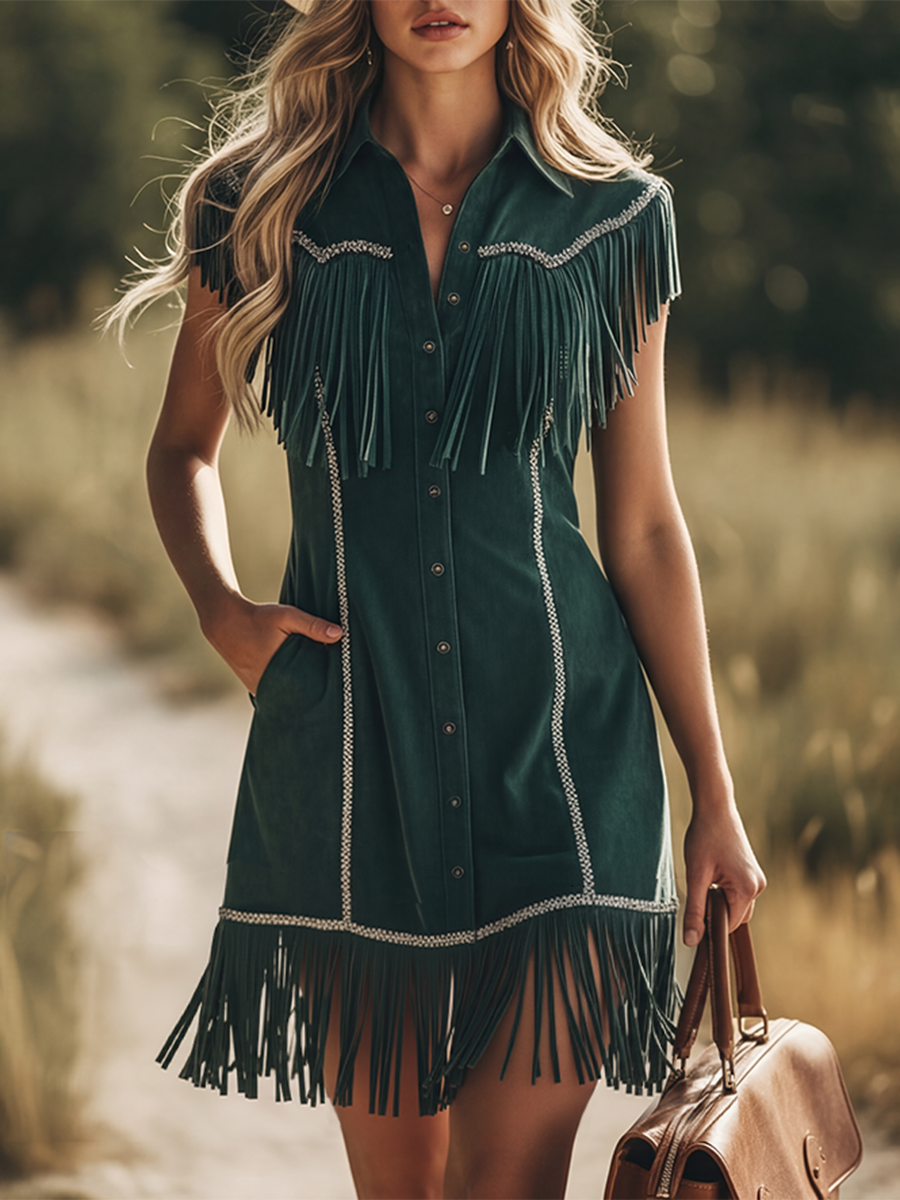 Retro-style Shirt Collar Button Closure Tassel Faux Suede Mini Dress