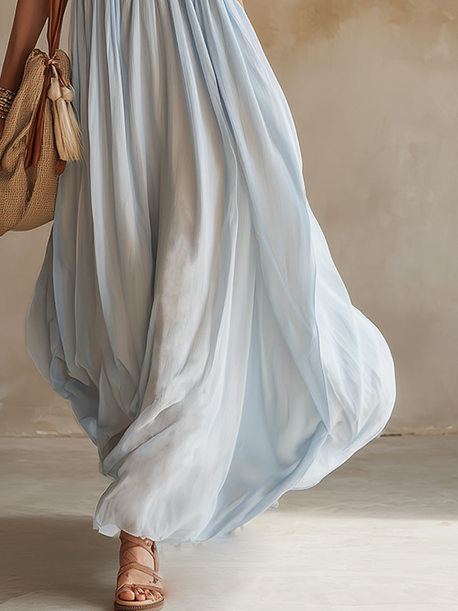 Bohemian-style Exquisite Embroidered Light Blue Chiffon Sleeveless Maxi Dress