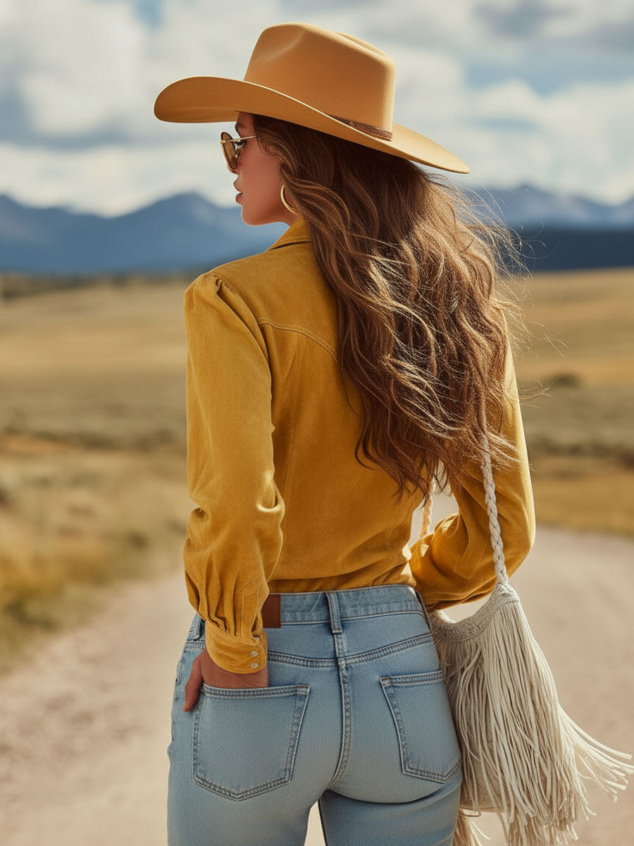 Western Retro Yellow Faux Suede Embroidered Long-Sleeved Shirt