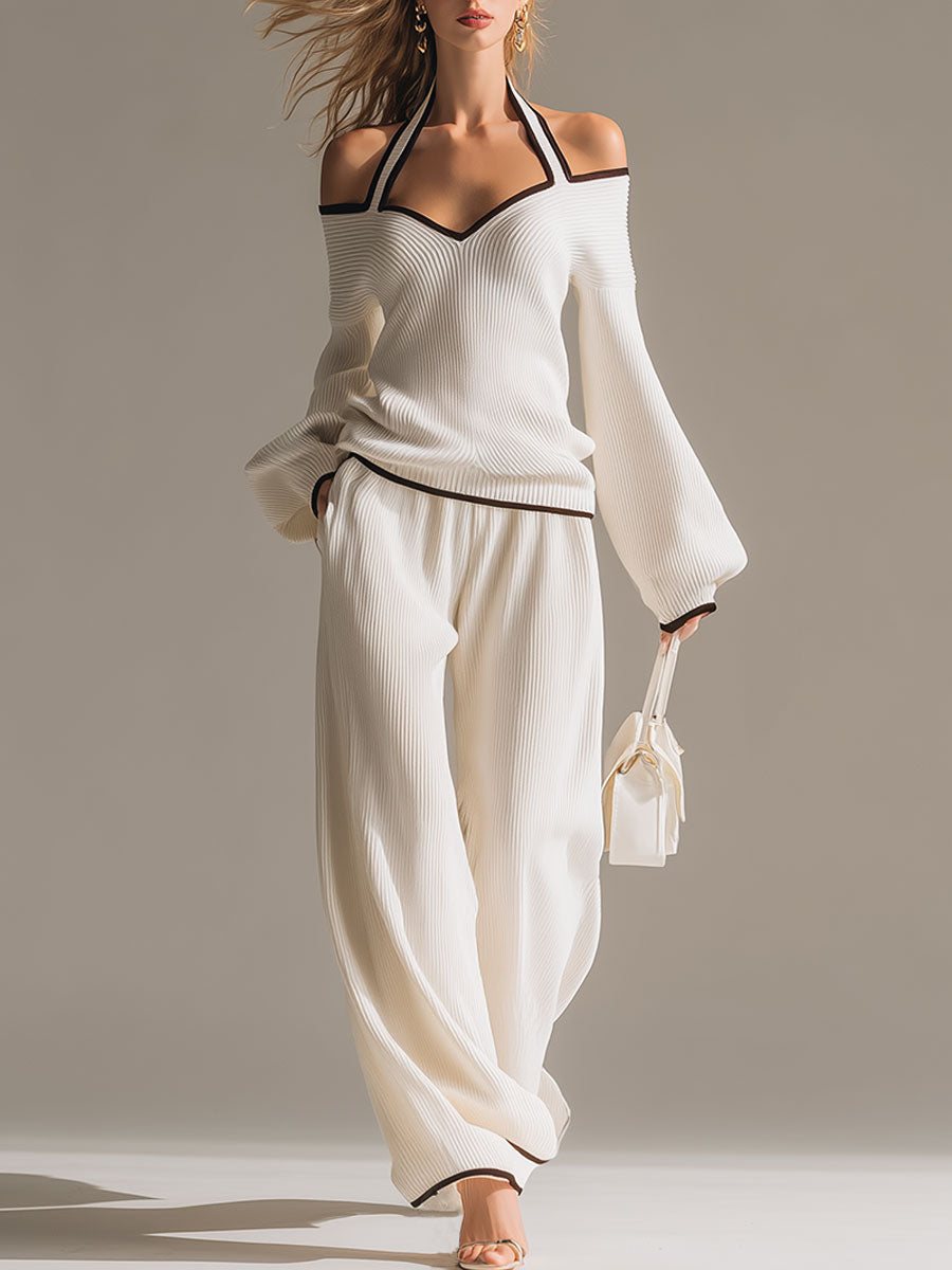 Elegant Color-blocked White Halter-neck Long-sleeved Knit Top And Pants Set