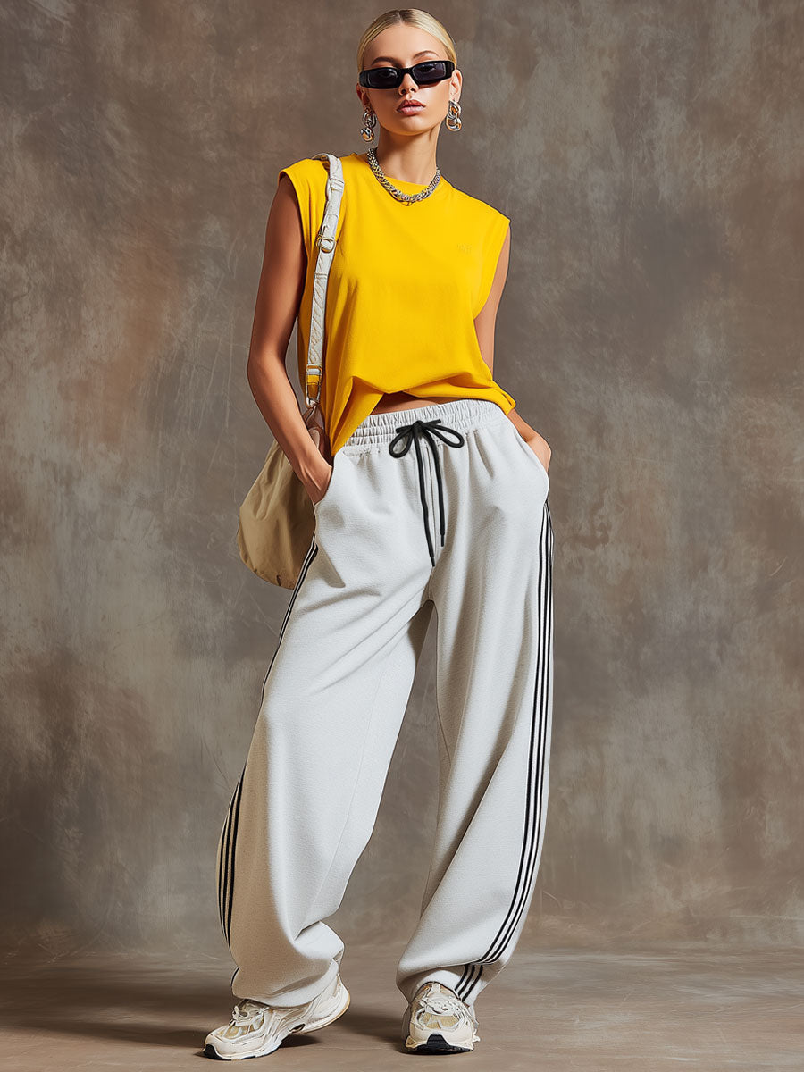 Sporty Retro Striped White-grey Cotton Blend Wide-leg Pants