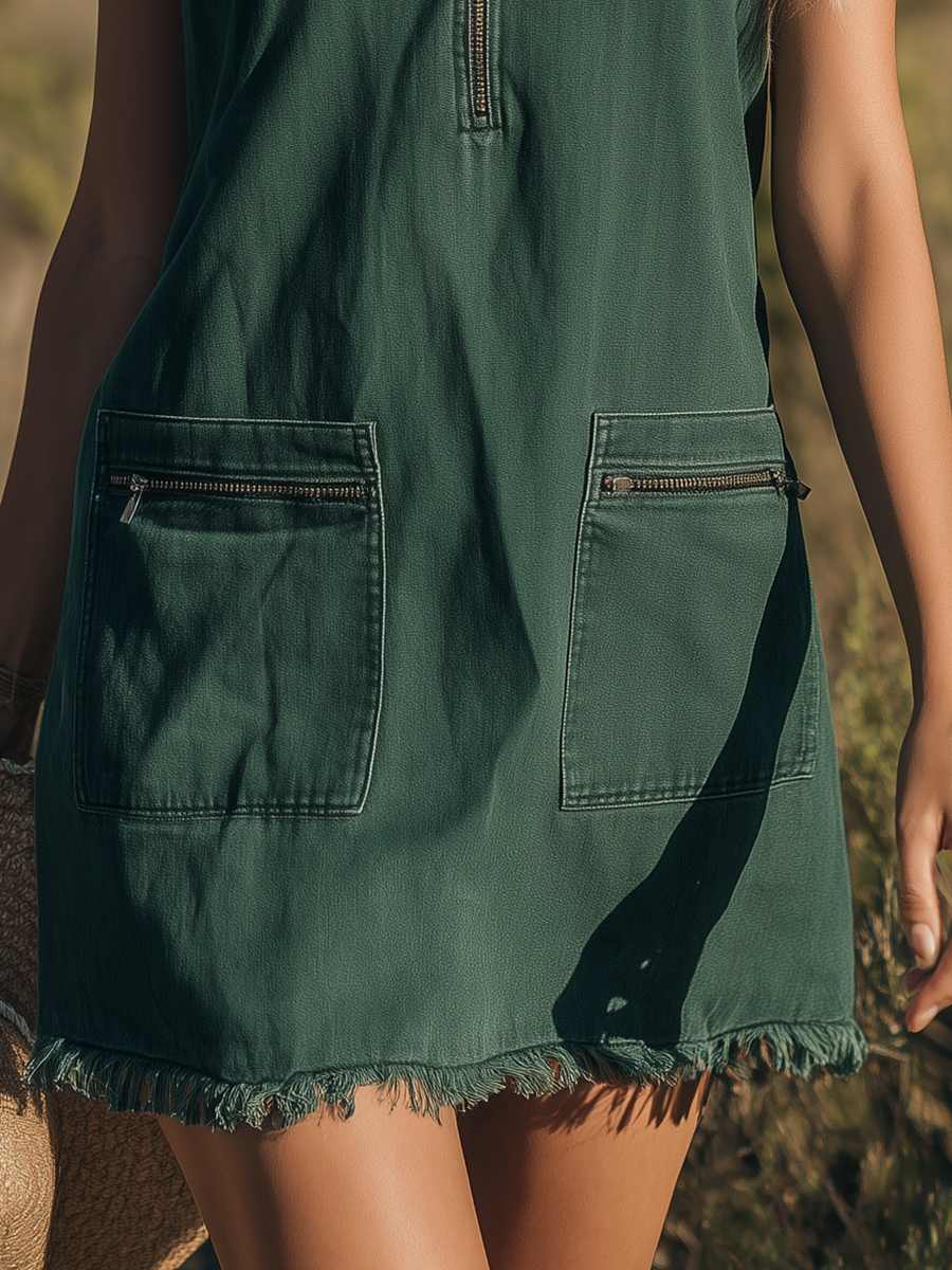 Fashionable Retro Collared Sleeveless Frayed Zipper Denim Mini Dress