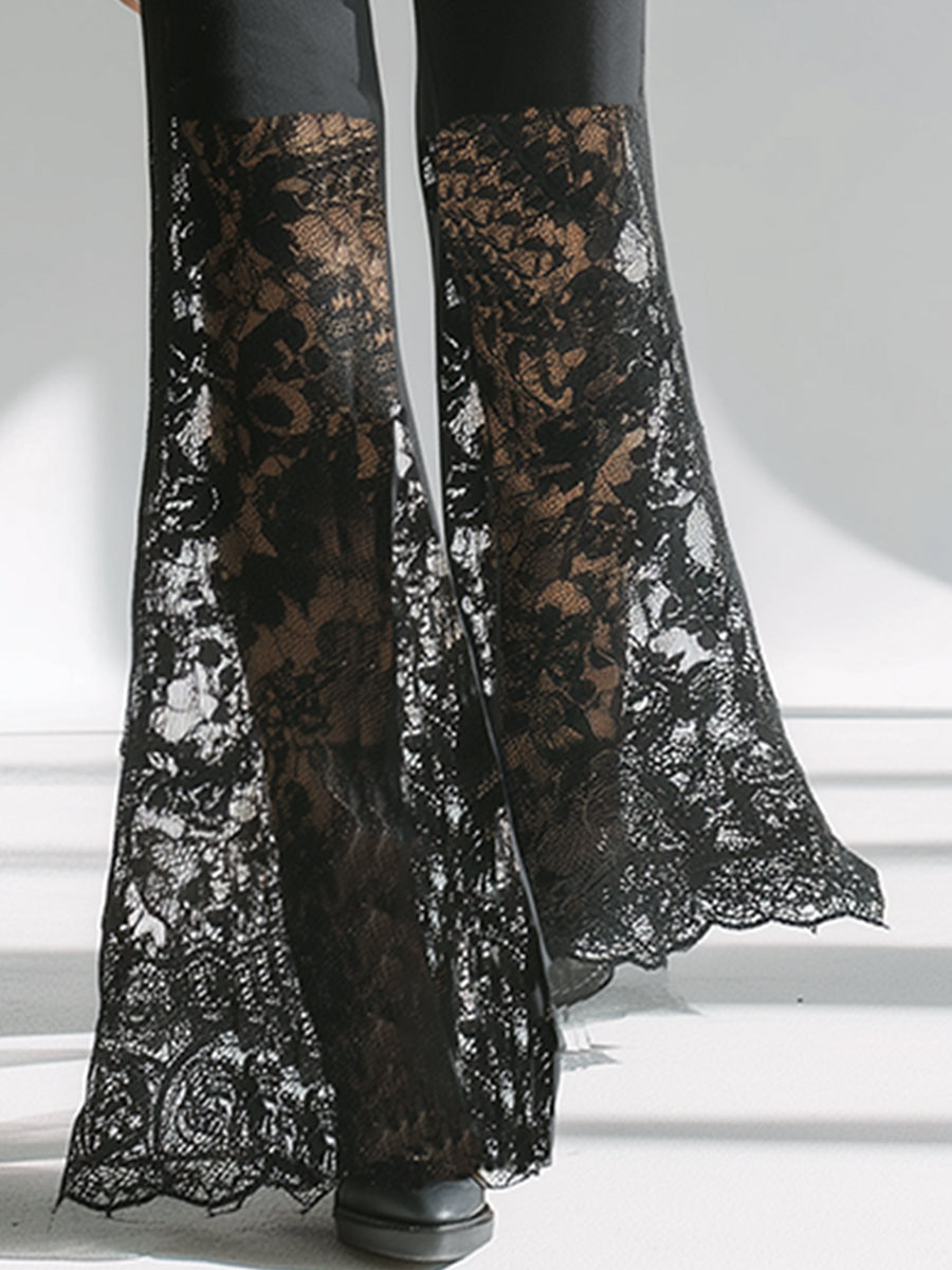 Elegant And Sophisticated Black Cotton Patchwork Lace Wide-leg Pants