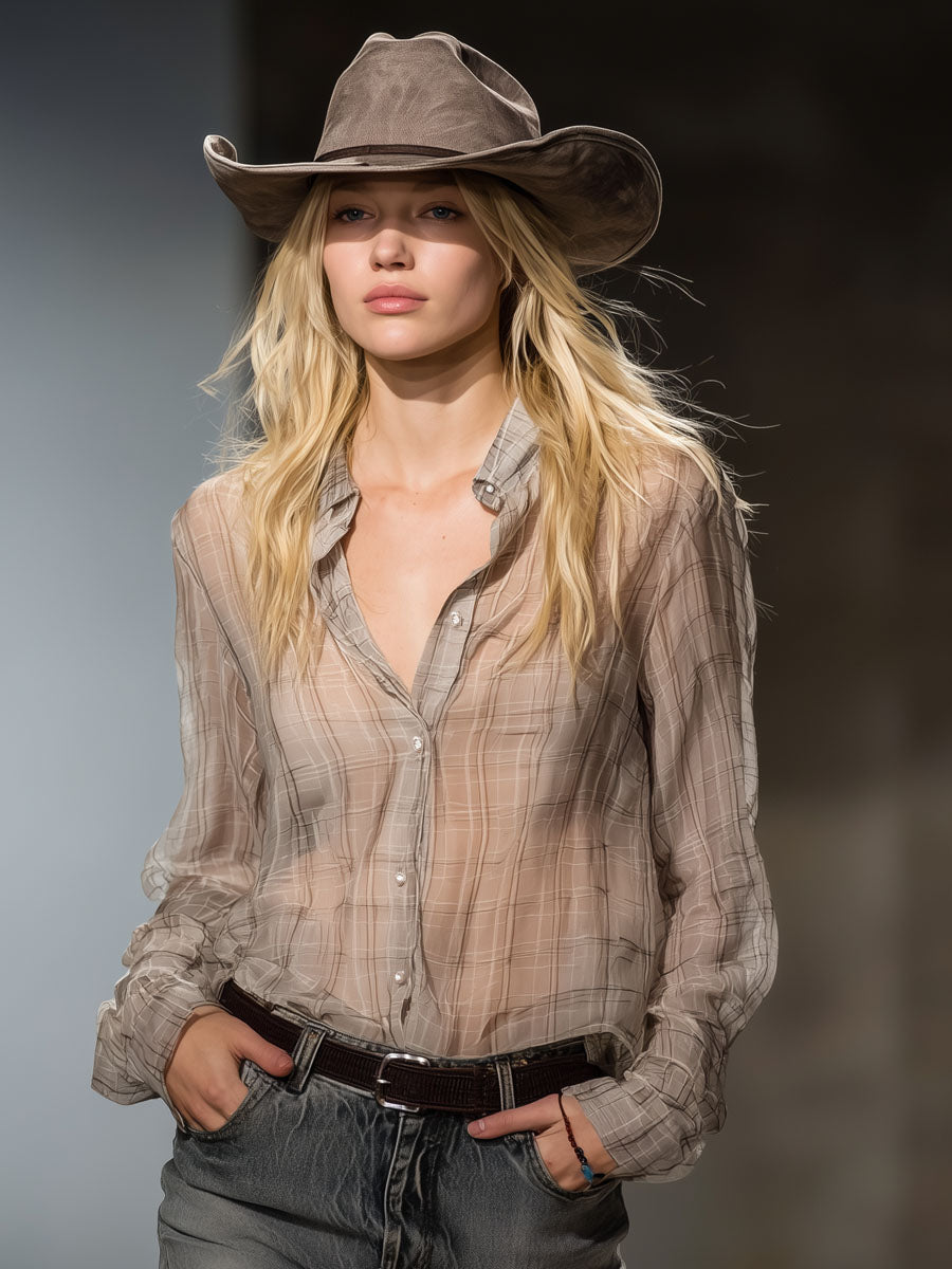 Classic Plaid Print Lightweight Chiffon Long-sleeved Shirt