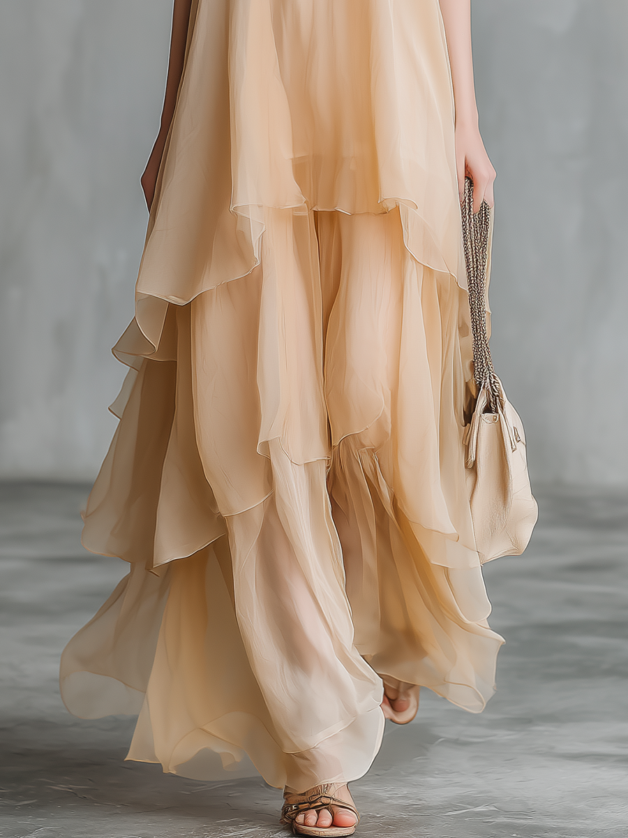 Stylish And Elegant Sleeveless V-neck Layered Chiffon Maxi Dress