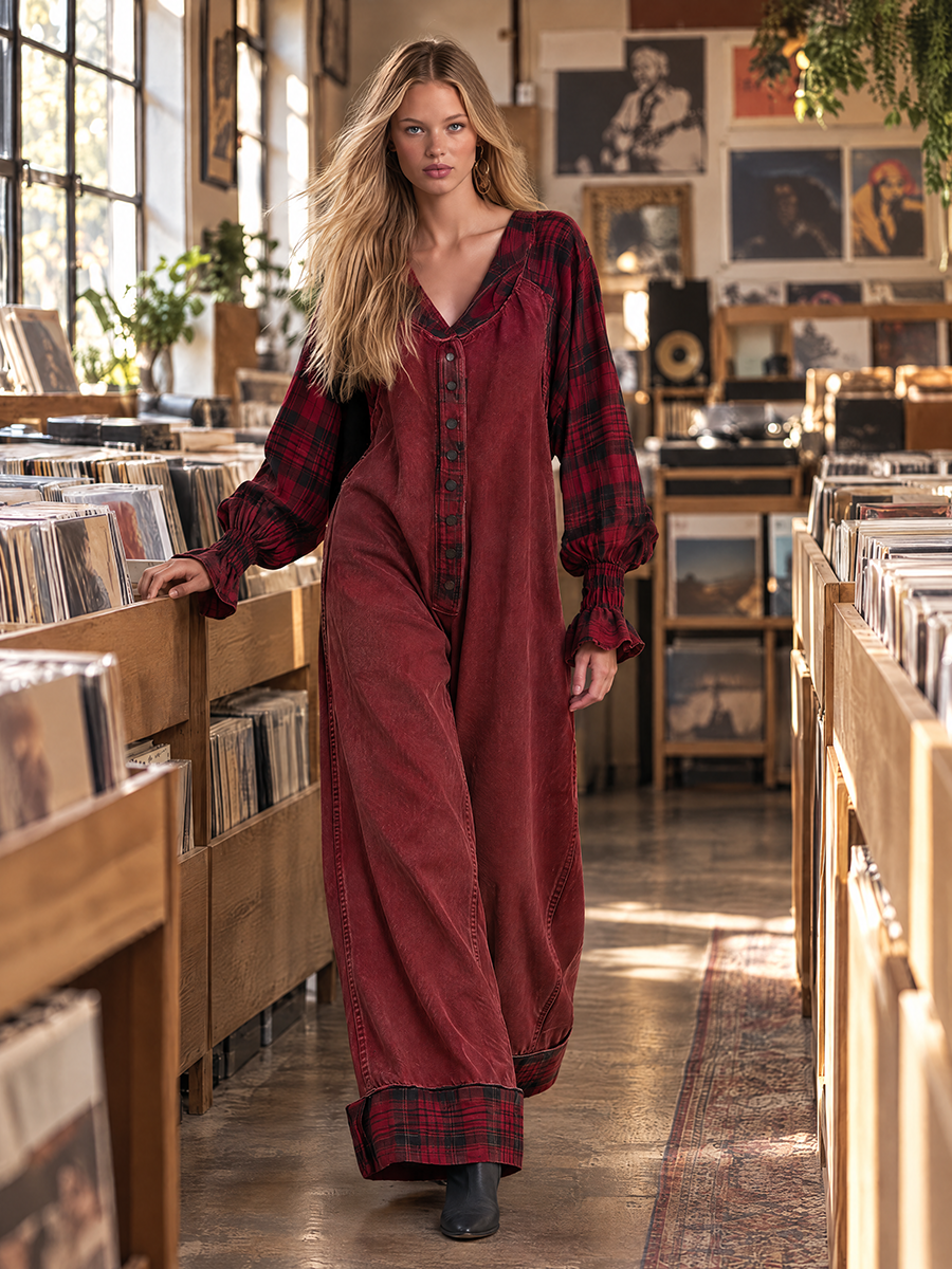 Retro Boho Plaid Trim Corduroy Button Front Wide Leg Jumpsuit