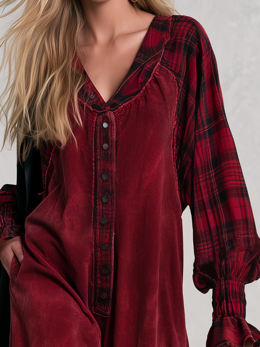 Retro Boho Plaid Trim Corduroy Button Front Wide Leg Jumpsuit